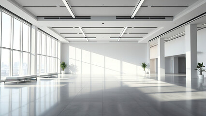 Fototapeta premium Modern open space office interior with minimalist decor and plenty of natural light featuring a large window on the far wall, natural light, white and blue color scheme