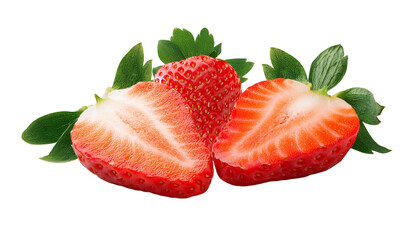 Fresas cortadas por la mitad sobre un fondo transparente, frutillas frescas por mitas sin fondo