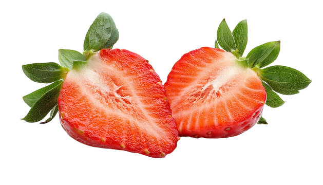 Fresas cortadas por la mitad sobre un fondo transparente, frutillas frescas por mitas sin fondo