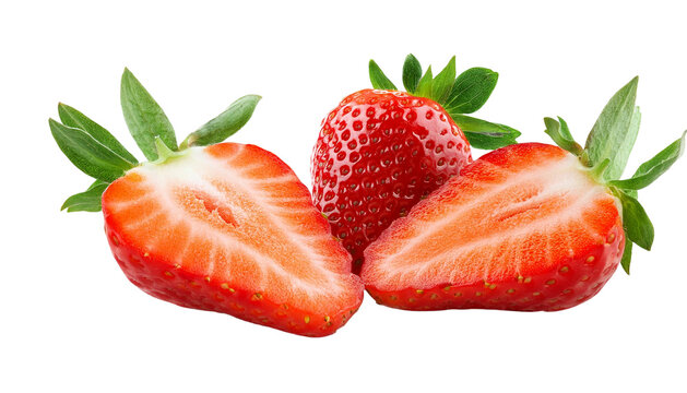 Fresas cortadas por la mitad sobre un fondo transparente, frutillas frescas por mitas sin fondo