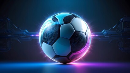 Naklejka premium Futuristic 8K Digital Wallpaper with Abstract Ball and Neon Circuitry Design in Electric Blue and Purple