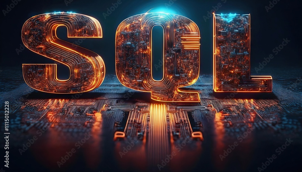 Poster illuminated sql text on circuit board background