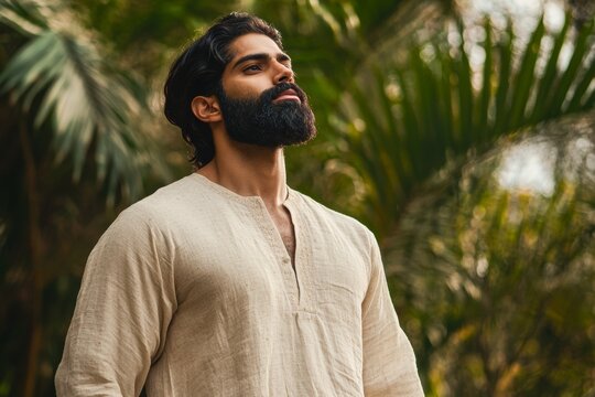 Promoting eco-friendly culture with an Indian model in traditional khadi shirt amidst greenery in vibrant natural setting