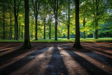 Fototapeta premium Tranquil Forest Scene with Sunlight Filtering Through Trees, Casting Shadows on the Forest Floor in a Serene Natural Environment