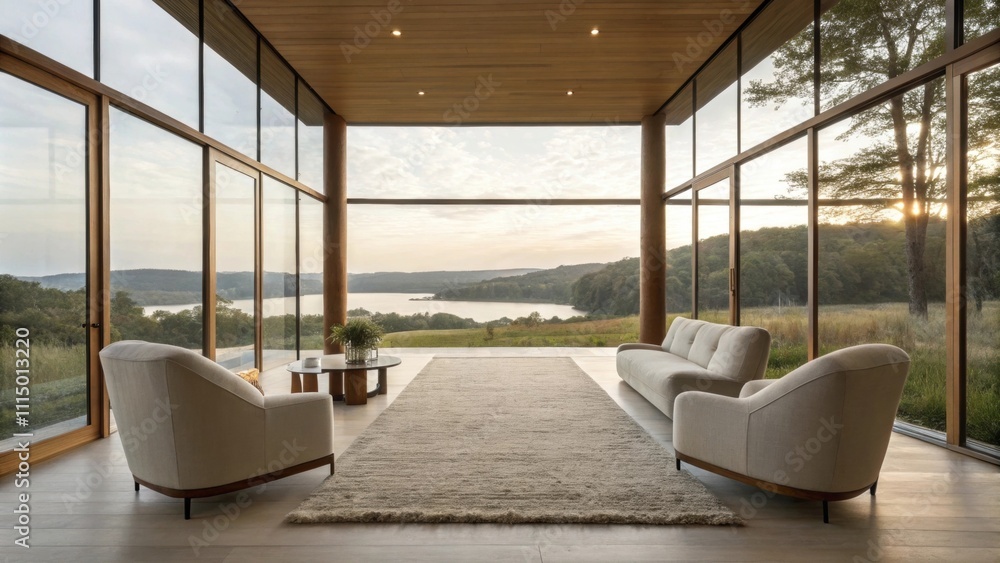 Poster immense windows frame the view of a serene landscape creating an inviting atmosphere in the modern l