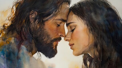 This detailed watercolor captures the intimate moment between Jesus and Mary Magdalene, highlighting their compassionate connection through soft, sacred tones and gentle light