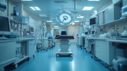Empty modern hospital operating room with medical equipment and surgical lights.