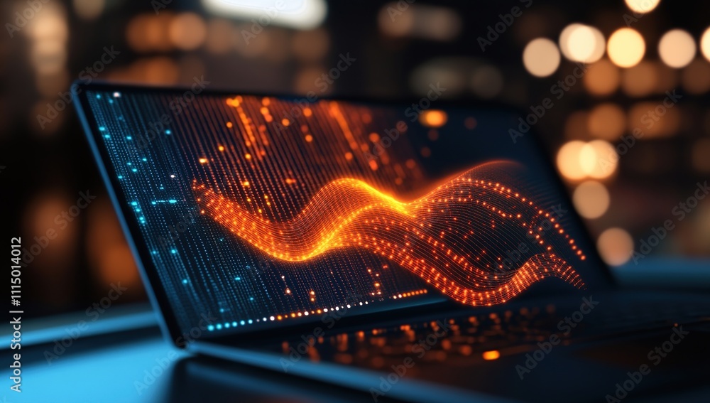Aufkleber laptop screen displays abstract data wave visualization with glowing lines and particles at night. f