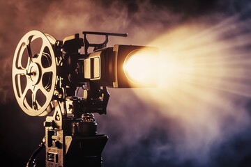 Fototapeta premium Light-emitting vintage film projector with drapes. Generative Ai