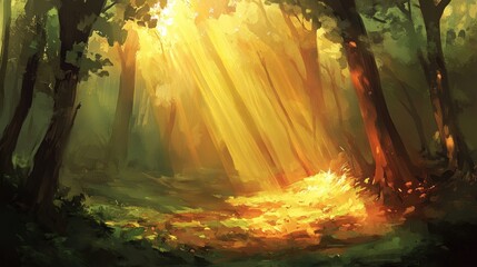 Sunlight streaming through a serene forest landscape 