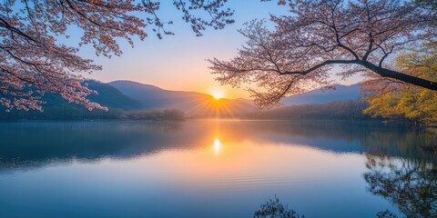 Fototapeta premium 3A peaceful mountain lake at sunrise in springtime, with the golden morning light filtering through blossoming trees and creating a stunning reflection on the water. 