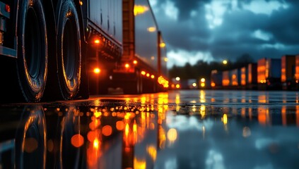 Trucks Reflecting Lights on Wet Asphalt at Night, Driving on Highway during Rain