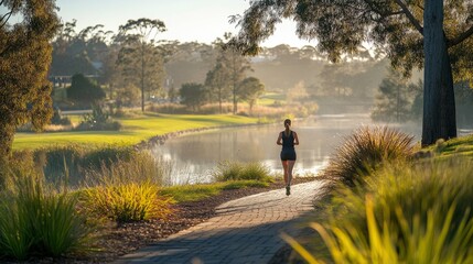 Fototapeta premium A person jogging along a scenic path by a tranquil lake in a natural setting.