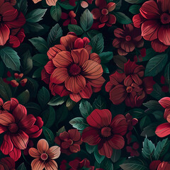 Emerald Burgund Maroon Flowers Seamless Pattern