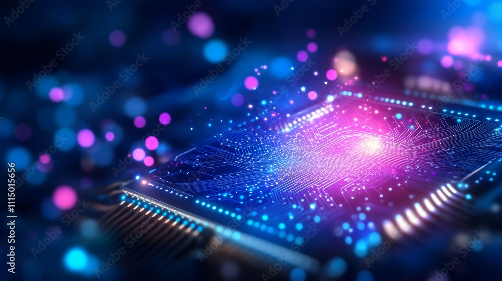 Poster colorful microchip with light effects and abstract elements