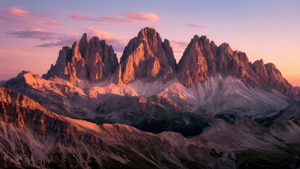 Naklejka premium The Dolomites Italy. The alpenglow at sunset over the Dolomites, with the mountain peaks glowing pink and orange under clear skies