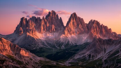 Naklejka premium The Dolomites Italy. The alpenglow at sunset over the Dolomites, with the mountain peaks glowing pink and orange under clear skies