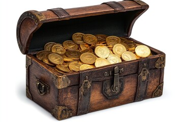 Gold coins on a treasure chest against a white backdrop. Generative Ai