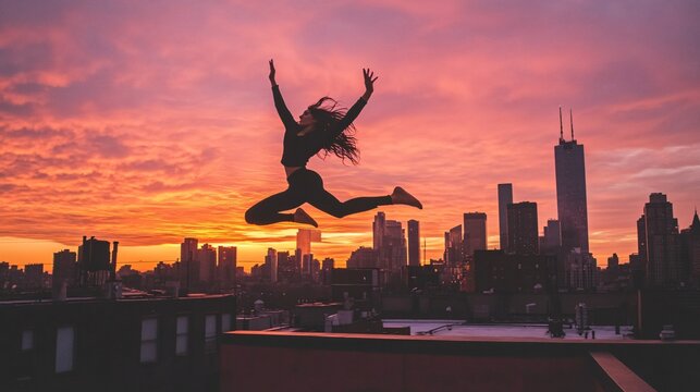 Graceful Dancer Leaping Against Sunset Skyline from Rooftop