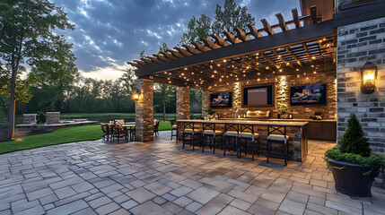 Evening Outdoor Kitchen Patio Design Illustration