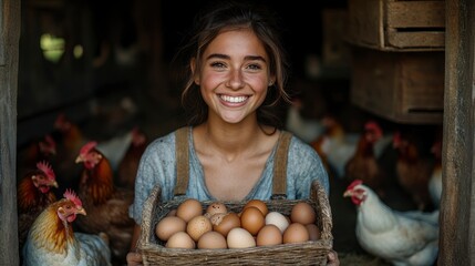 A smiling woman holds a basket of eggs in a henhouse surrounded by chickens.