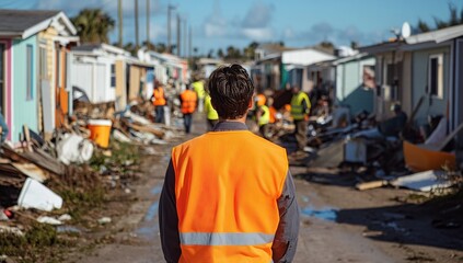 Fototapeta premium Volunteer Inspects Disaster Zone, Assessing Damage After Storm, Helping Rebuild Homes and Communities with Compassion.