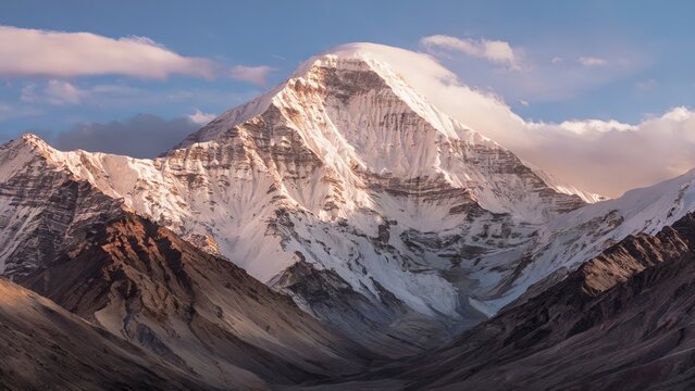 Mt. Kailash Tibet Sacred Peak. The sacred peak of Mount Kailash under clear skies, with the sunlight casting a soft glow on the snow-covered summit and the surrounding barren landscape