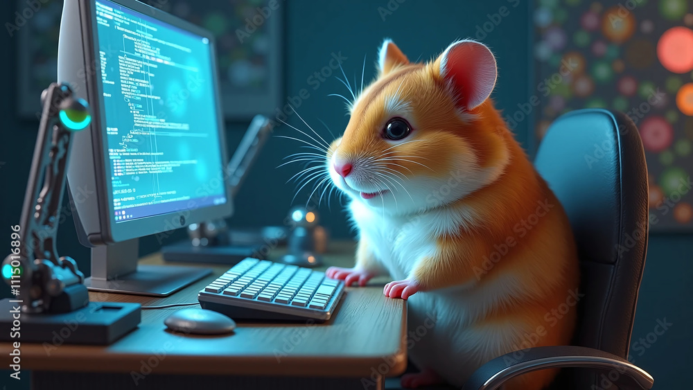 Wall mural a tech-savvy hamster using a computer with glowing screens.
