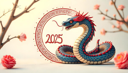 Obraz premium A Chinese New Year 2025 illustration featuring a stylized snake with red and blue scales, coiled around a circular design with the text New Year 2025 Year of the Snake in Chinese