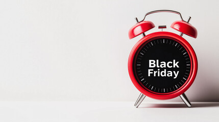 Modern yellow red alarm clock Black Friday text blue white background promotional sales banners advertisements shopping campaigns retail stores bold design timer social media marketing web time