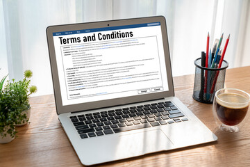Digital legal contract provide terms and conditions document on computer screen ready for online...