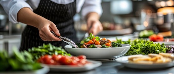 A chef plating a fresh salad with various vegetables in a professional kitchen setting.