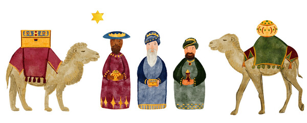 Wise men, camels, magi with gifts, Christmas star seamless border watercolor. Hand painted art for table cloth or runner, tape, celebration of true Christmas, decoration. Cute minimalistic clip art