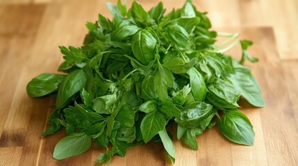Fresh basil and parsley leaves on wooden board.