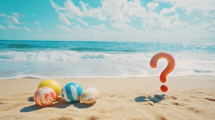 Obraz premium Colorful balls and seashell on sandy beach with question mark under sunny sky.