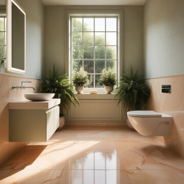modern bathroom interiorA serene bathroom interior design featuring greenish white walls, marble floors, and a large window allowing natural light to flood the space, with a...