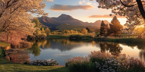 A picturesque spring sunrise, with golden sunlight breaking over the peaks of a mountain range, reflecting off a still lake surrounded by blooming trees and flowers. 