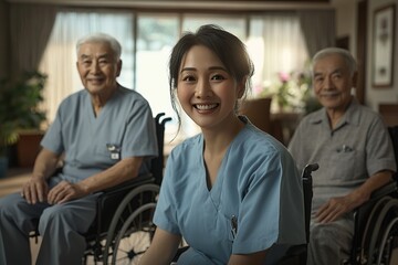 Obraz premium Caregiver Smiles, Assisting Elderly Patients in Wheelchairs with Compassionate Care, Showing Empathy and Kindness