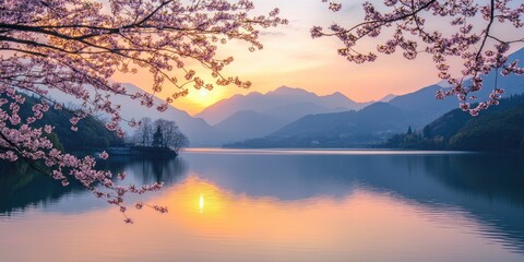 Obraz premium A serene spring morning view of a calm lake at sunrise, framed by towering mountains and blooming cherry blossoms bathed in soft golden light. 