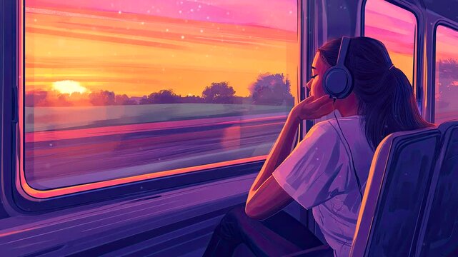 Person listening to music on headphones while watching a colorful sunset through a train window. Journey concept