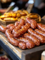 Close-up of a pile of delicious grilled sausages on a rustic wooden board.
