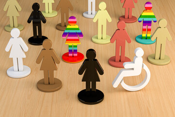 3D illustration of colorful human figures representing diversity and inclusion, with different skin tones and patterns symbolizing equality, respect and unity in a multicultural environment