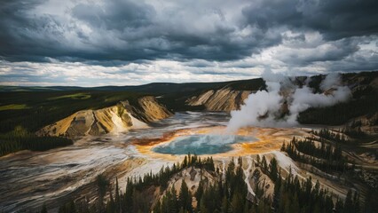 Foreboding Aerial Perspective of Yellowstone Supervolcano, USA Aerial view of Yellowstone under stormy clouds