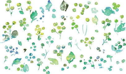 水彩画。水彩タッチの緑の植物イラスト。緑の葉っぱと草木のベクターフレーム。手書きの水彩草木背景。Watercolor painting. Green plant illustration with watercolor touch. Green leaves and grass vector frame. Hand drawn watercolor grass tree background.