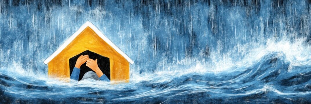 A person is submerged in water, grasping a small house amid a stormy sea.