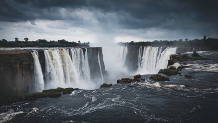Obraz premium Dangerous Aerial Perspective of Victoria Falls, Zambia/Zimbabwe A moody aerial shot of Victoria Falls under stormy skies, with turbulent water and mist creating a dramatic scene.