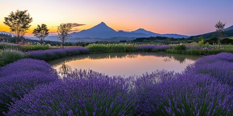 Fototapeta premium A vivid landscape of a spring sunset illuminating a distant mountain range, with a reflective lake surrounded by fields of lavender and wildflowers. 
