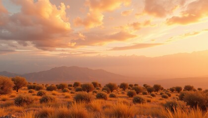 Obraz premium Golden Sunset Over Desert Landscape With Rolling Hills