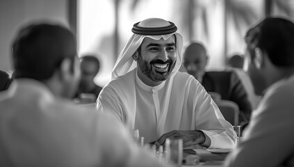Fototapeta premium Smiling Man in Traditional Clothing at a Business Meeting, Shows Professionalism and Collaboration in the Workplace