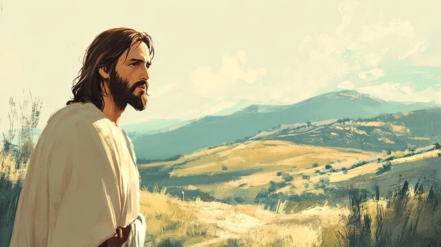 Jesus stands in a tranquil landscape, extending compassion as he cleanses the lepers in the distance under a soft light filtering through muted hills